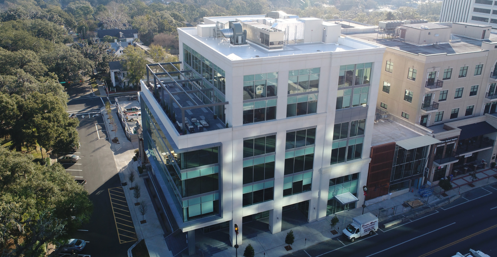 An Overhead View of a Precast Concrete Commercial building in East Park Tallahassee, FL. Courtesy of Tindall's Corporation