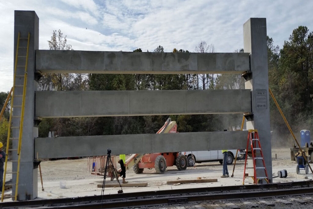 A real-life mockup of the ABC beam connections system standing up 