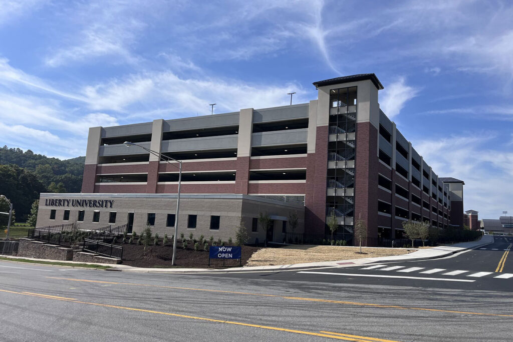 A street-side view of the Liberty University parking garage