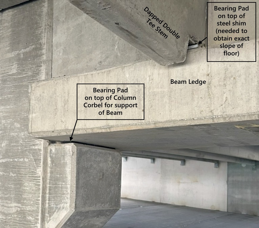 Photo of bearing support for double tee and beam